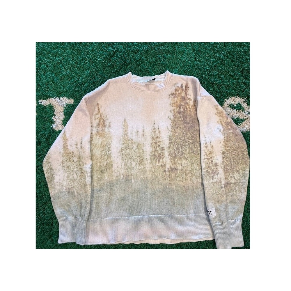KROST Forest Graphic Knit Sweater Mens XXL Green Beige Excellent 100% Cotton